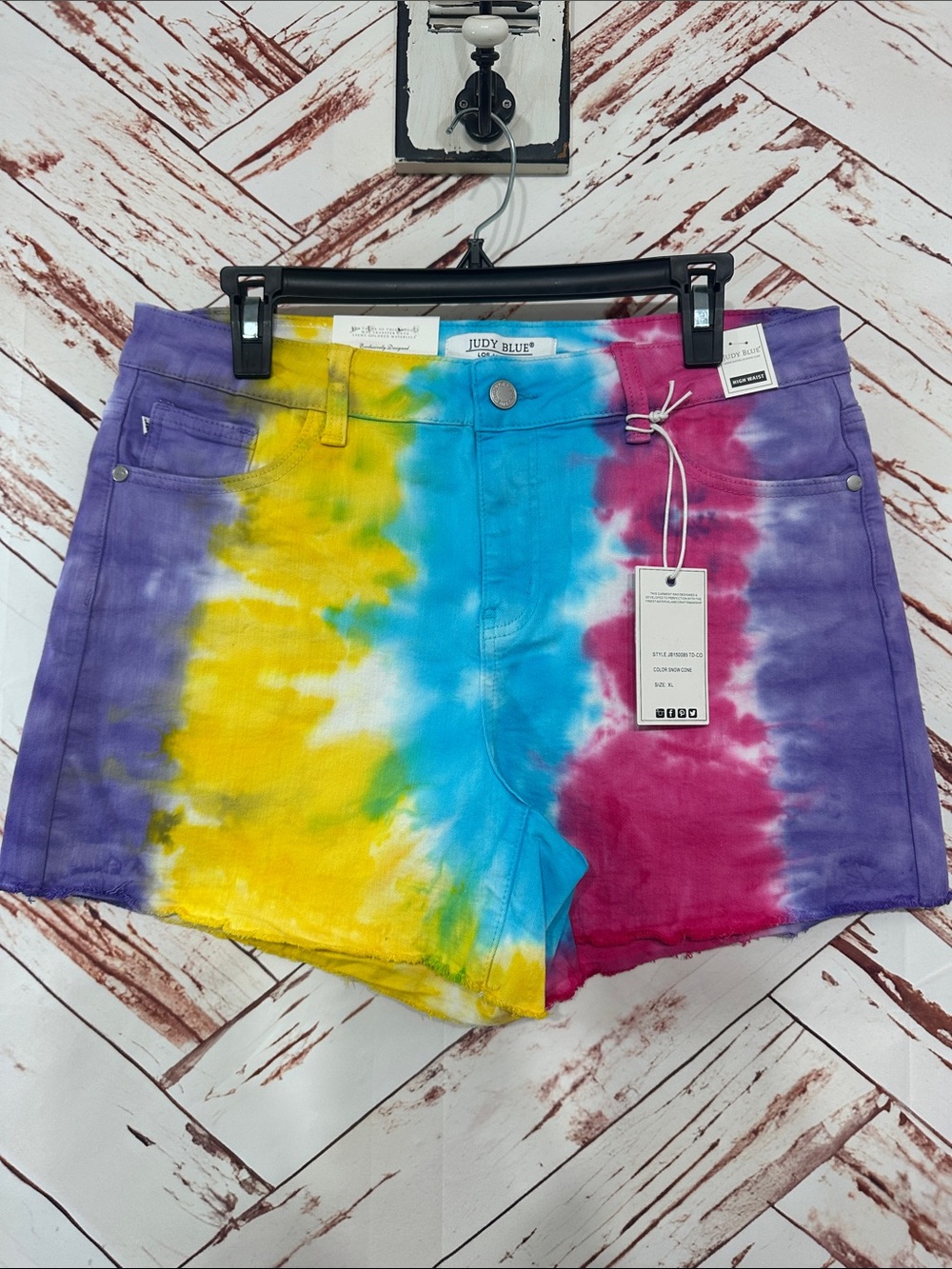 NWT Judy Blue Tie-Dye High-Rise Jean Shorts in Purple, Blue, Yellow, and Pink